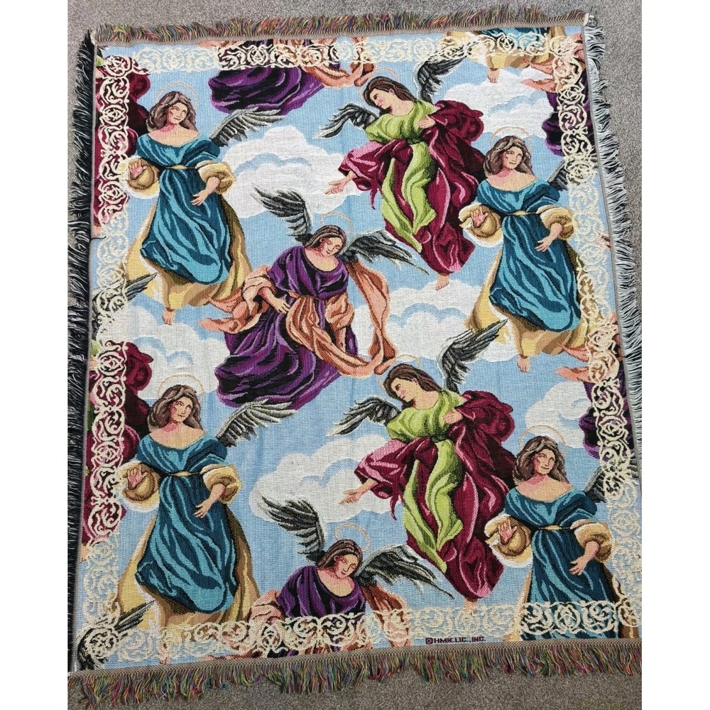 Vintage Angel Tapestry Throw Blanket Woven Fringe Religious Christian 54x46